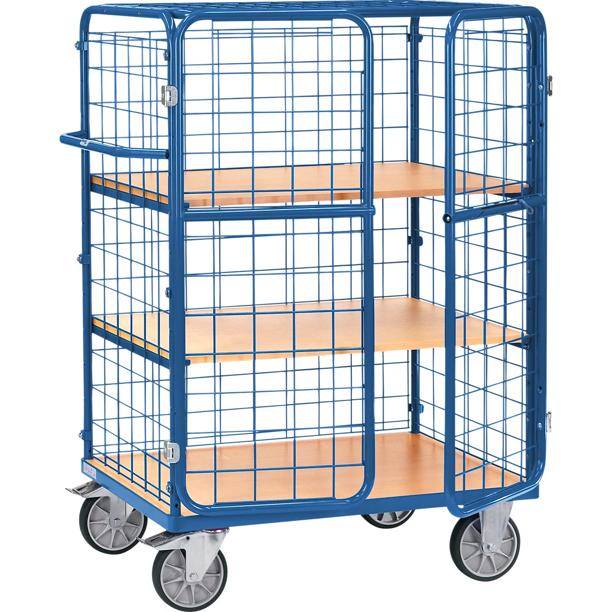 Chariot grillagé Fetra 8483-3DE, jusqu'à 600 kg, porte battante verrouillable avec toit, 3 niveaux avec étagères en bois composite, surface de chargement L 1200 x l 800 mm, pneus TPE