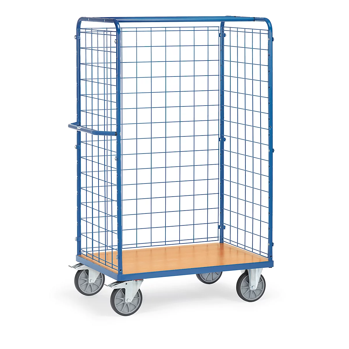 Chariot grillagé fetra®, roulettes pivotantes et fixes, jusqu'à 600 kg, L 1369 x l 809 x H 1800 mm, acier et bois, bleu brillant RAL 5007 et finition hêtre
