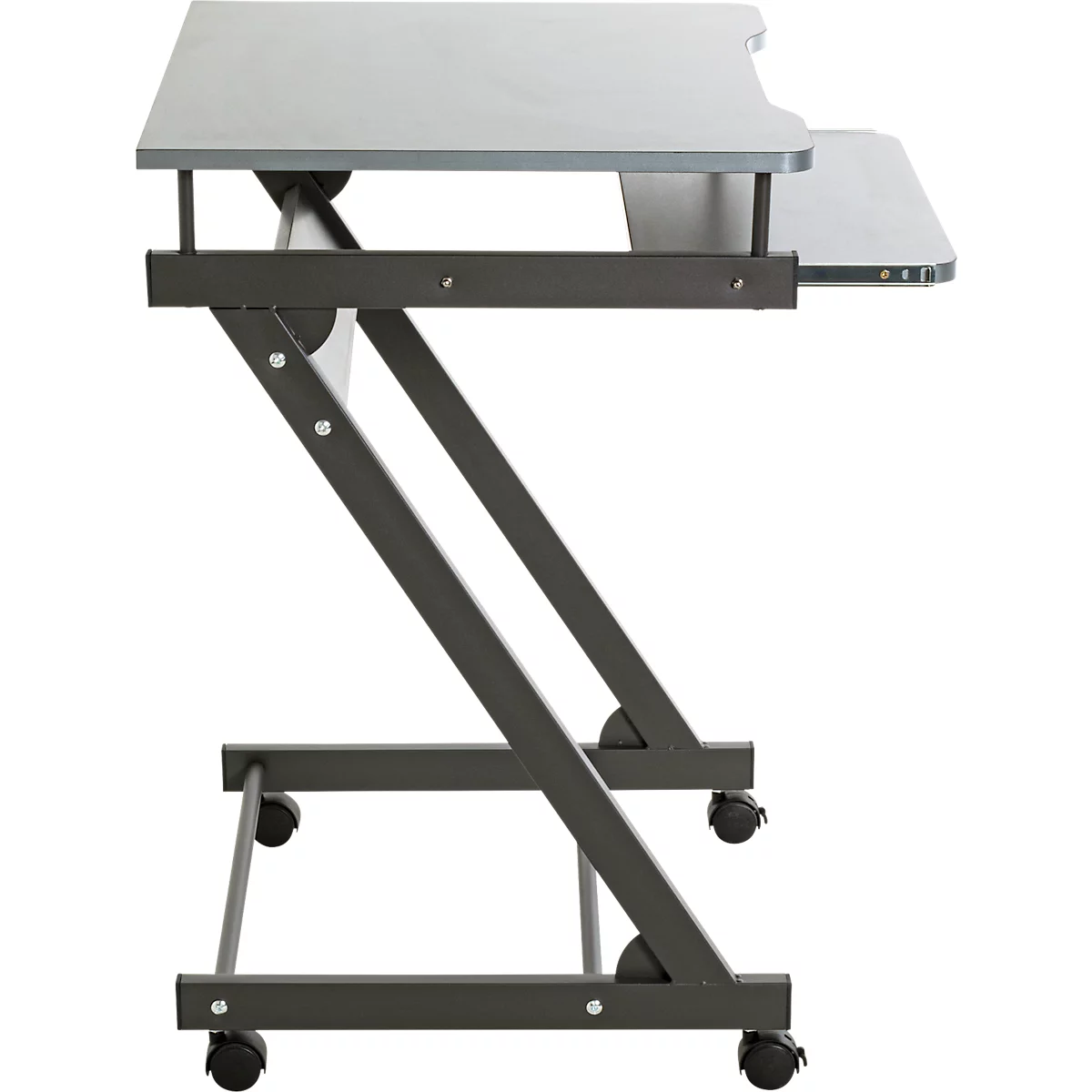 Bureau avec plateau gris et structure métallique noir-gris sur roulettes.