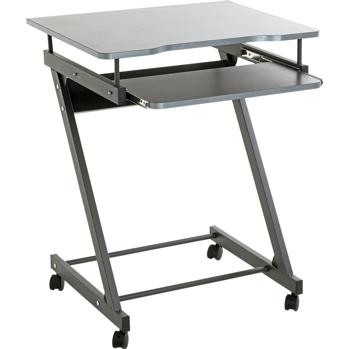 Une table d'ordinateur portable grise avec des pieds en forme de Z et des roulettes. Elle possède un plateau coulissant pour clavier.