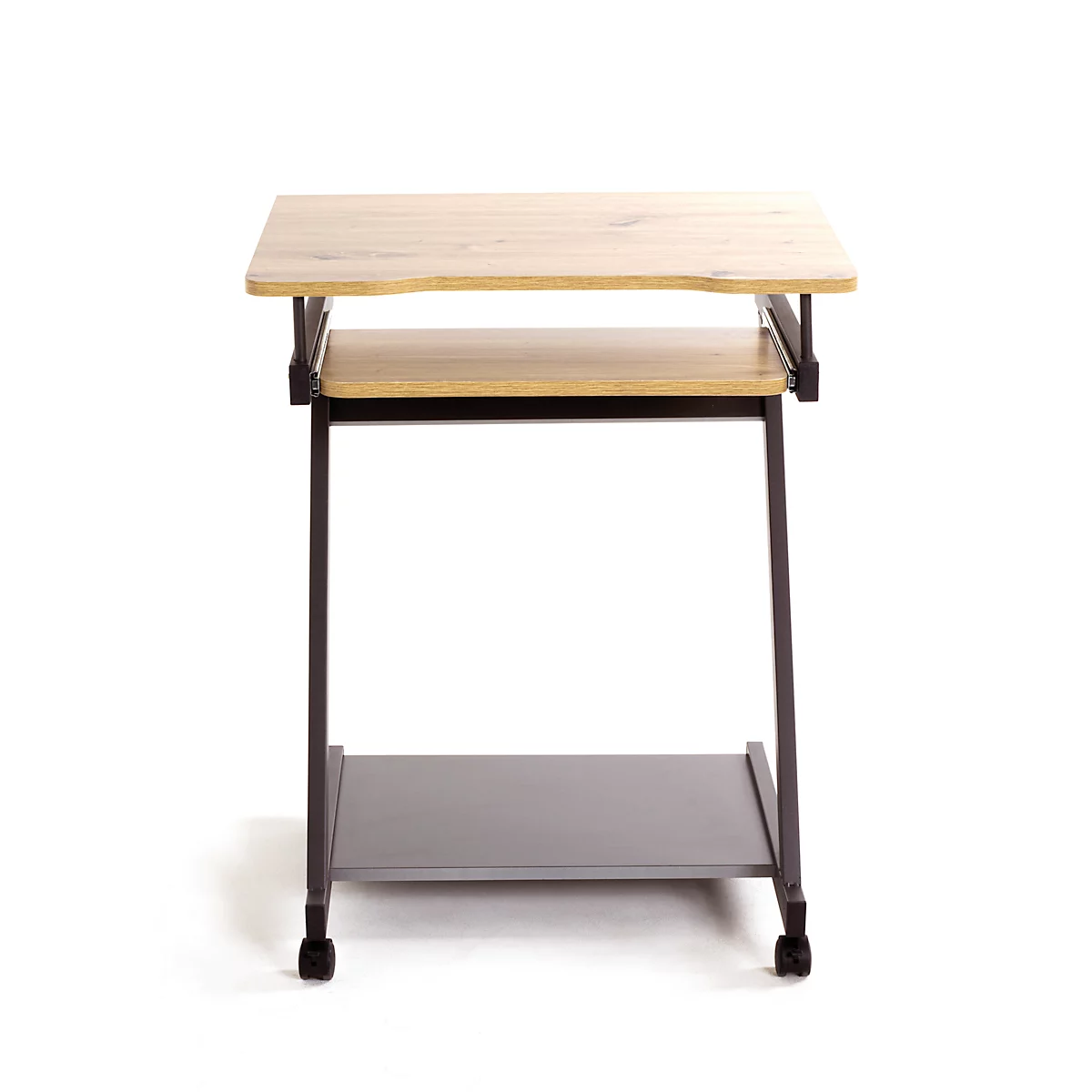 Table d'appoint avec plateau en bois clair et cadre en métal sur roulettes.