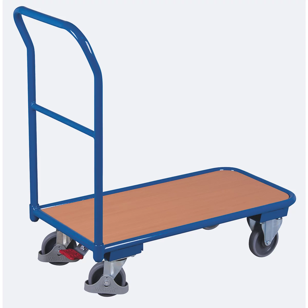 Chariot léger à barre de poussée, plateau acier/MDF, bleu gentiane/décor hêtre, L 850 x l 450 mm, avec barre transversale, roulettes TPE avec EasySTOP, jusqu'à 200 kg 