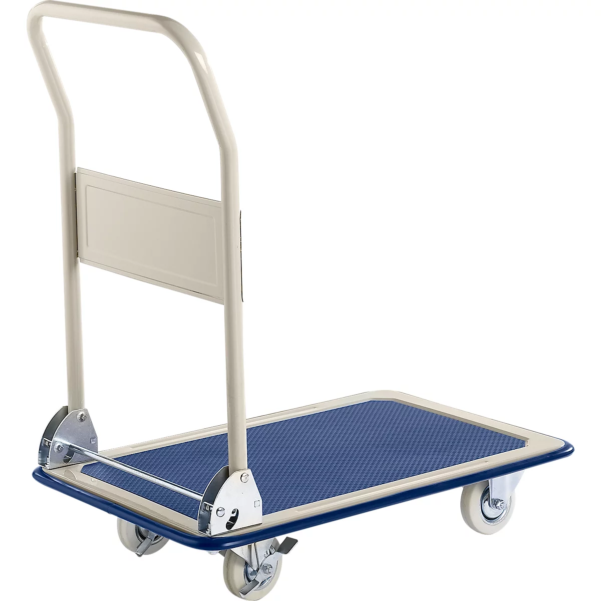 Chariot plate-forme, avec poignée rabattable à 90°, L 740 x l. 480 x H 860 mm, capacité de charge 150 kg, roulettes avec freins, acier, gris/bleu