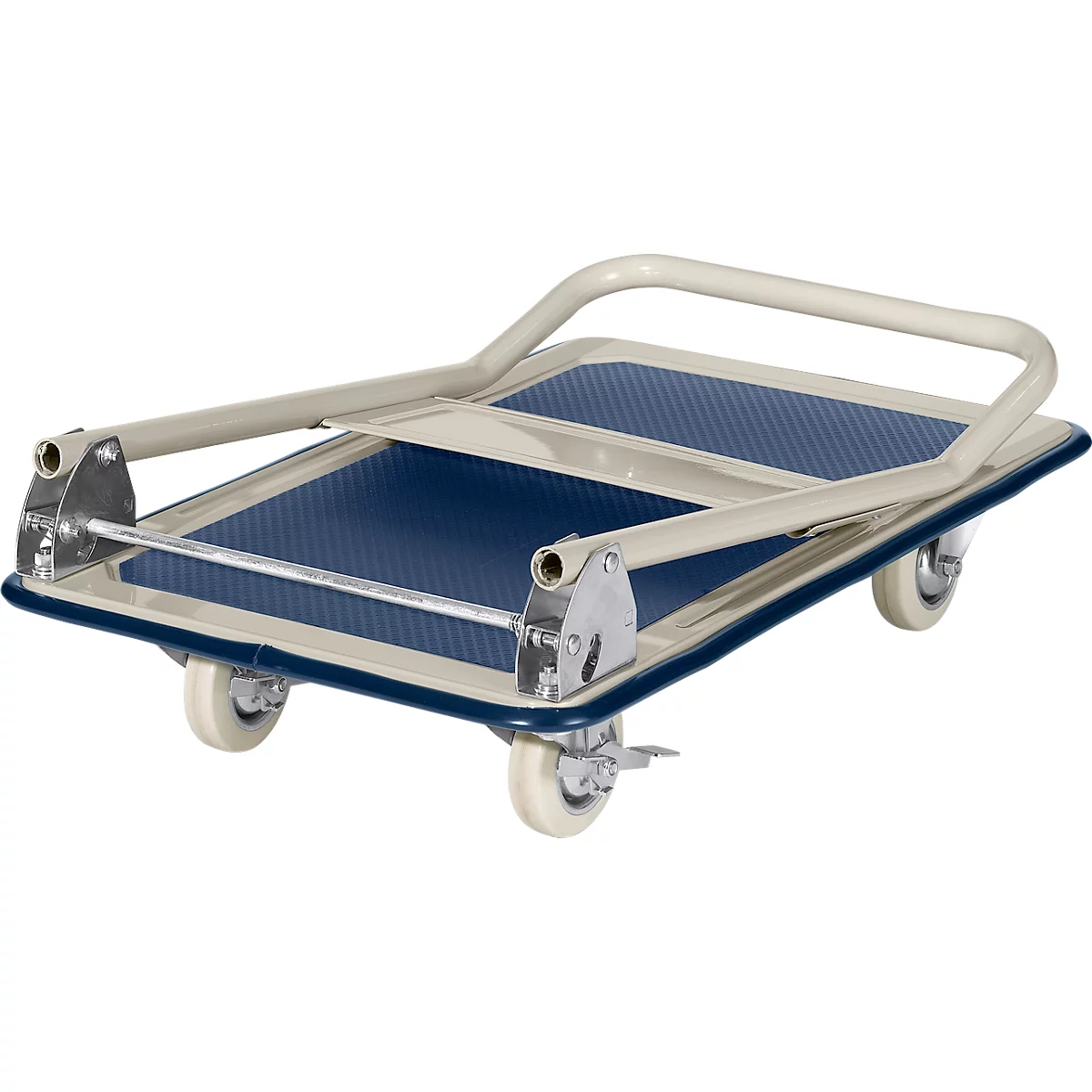 Chariot de transport pliable avec surface de chargement bleue et cadre blanc.