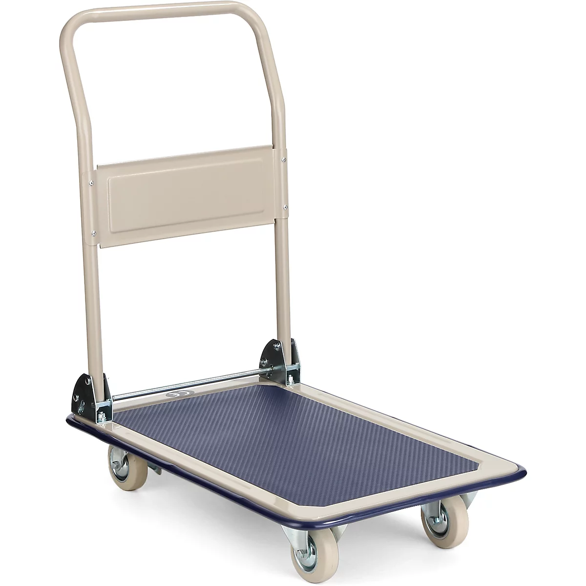 Chariot de transport beige avec une zone de chargement bleue, quatre roues et une poignée. Le véhicule se tient sur un fond blanc.