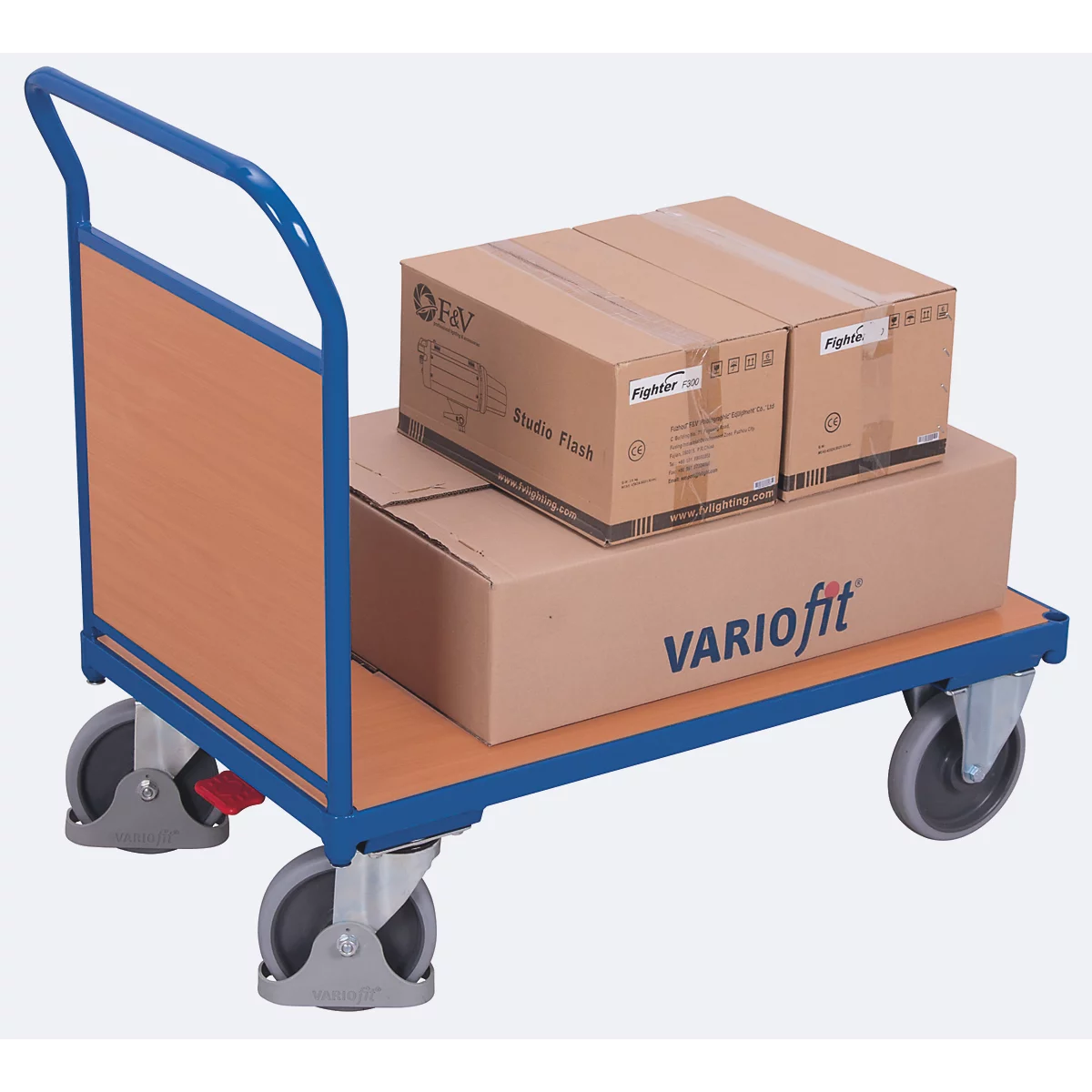 Chariot plateforme à dossier fixe en bois, L 880 x l. 500 mm, acier/plaque MDF, décor bleu gentiane/hêtre, roulettes en TPE avec EasySTOP, jusqu'à 400 kg, bleu brillant RAL 5007