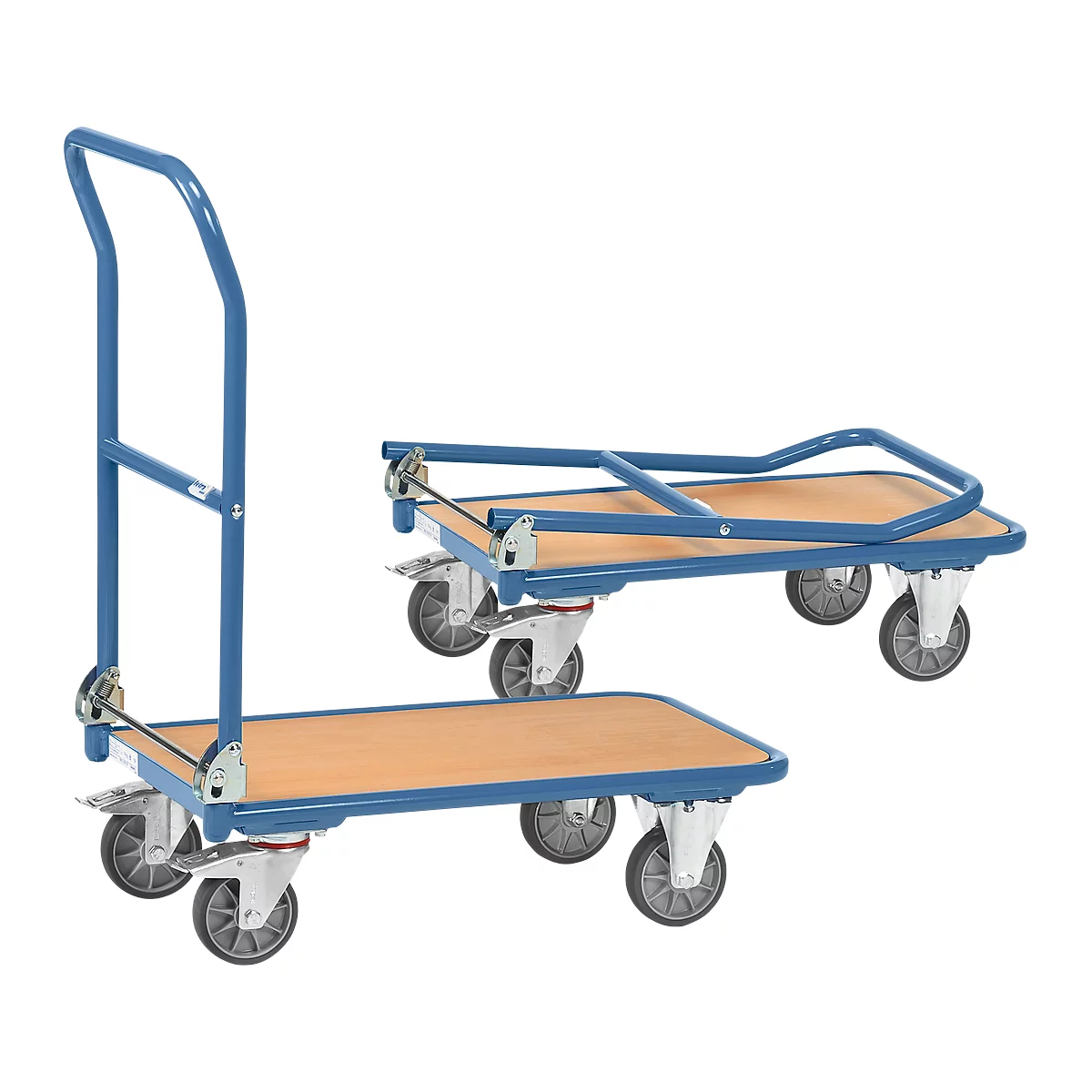 Chariot pliable, acier/bois, jusqu'à 250 kg, 720 x 450 mm, roulettes TPE, bleu/hêtre