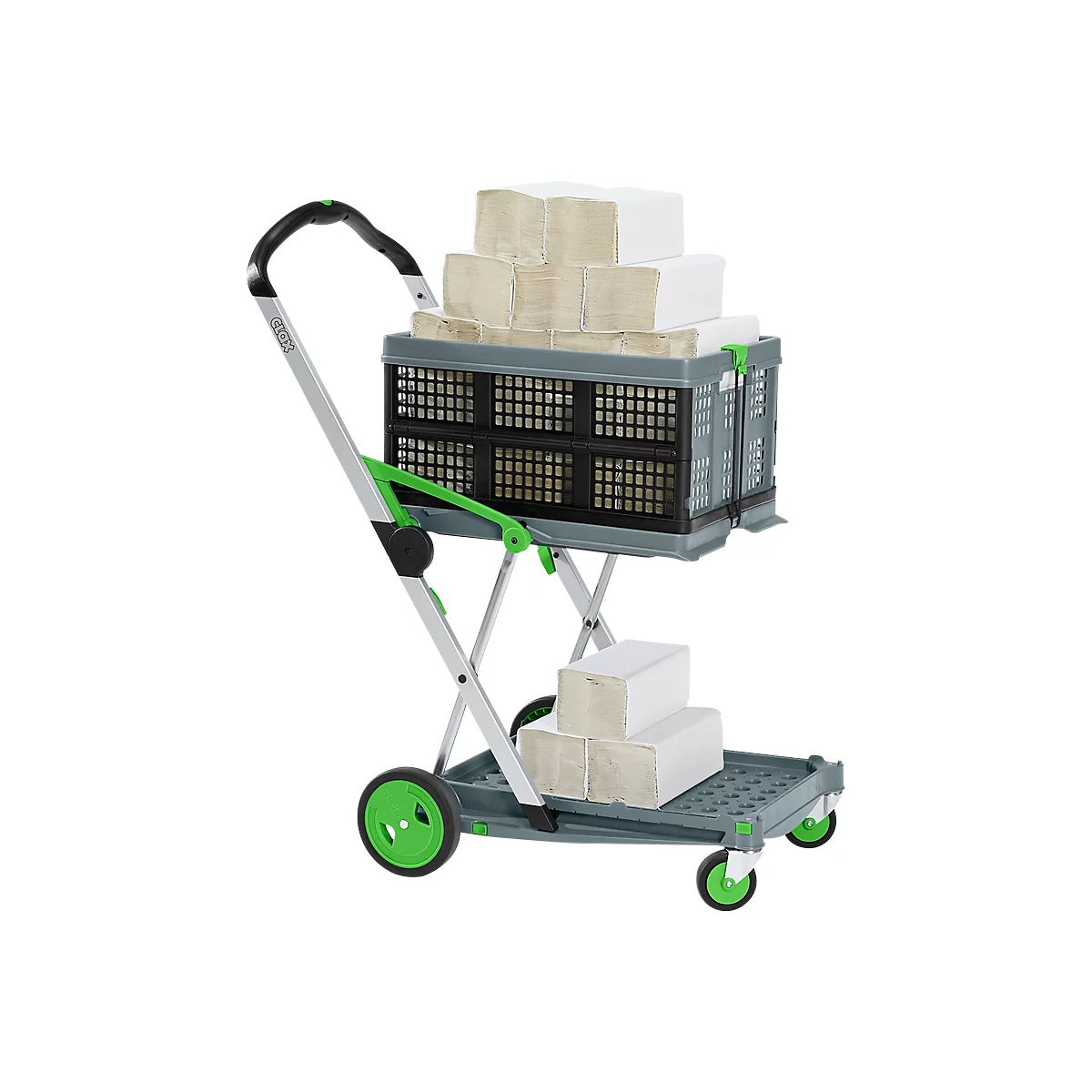 Chariot pliable CLAX® - avec bac de transport pliable + 5000 feuilles d’essuie-mains GRATUIT