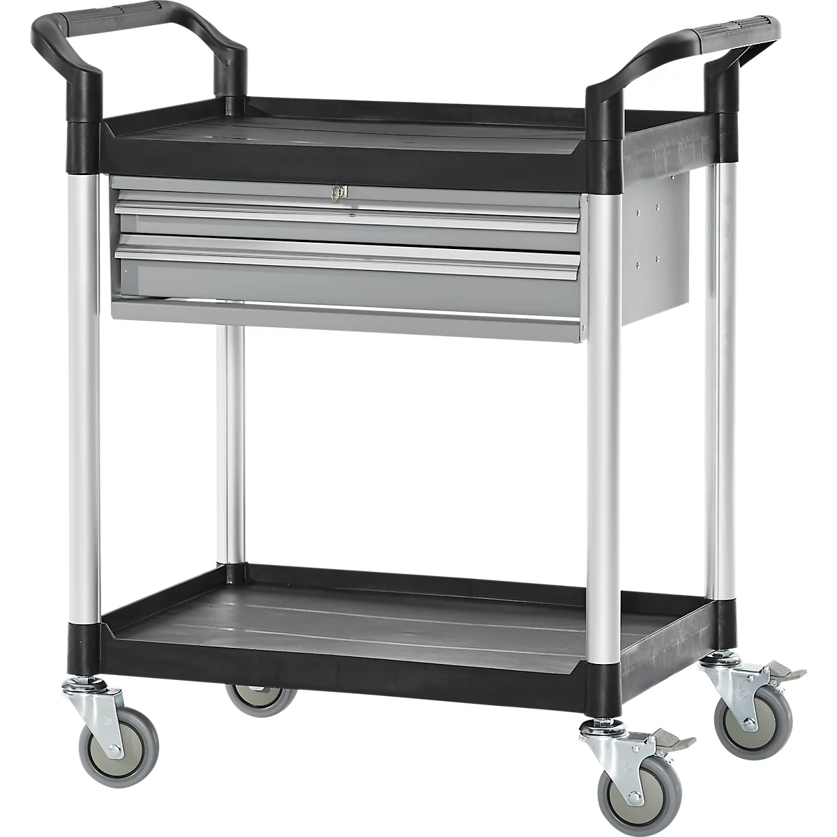 Chariot polyvalent, 2 tiroirs, 4 roues pivotantes TPR avec 2 freins, 2 plateaux, L 680 x l 450 mm, plastique/aluminium, noir/argenté 