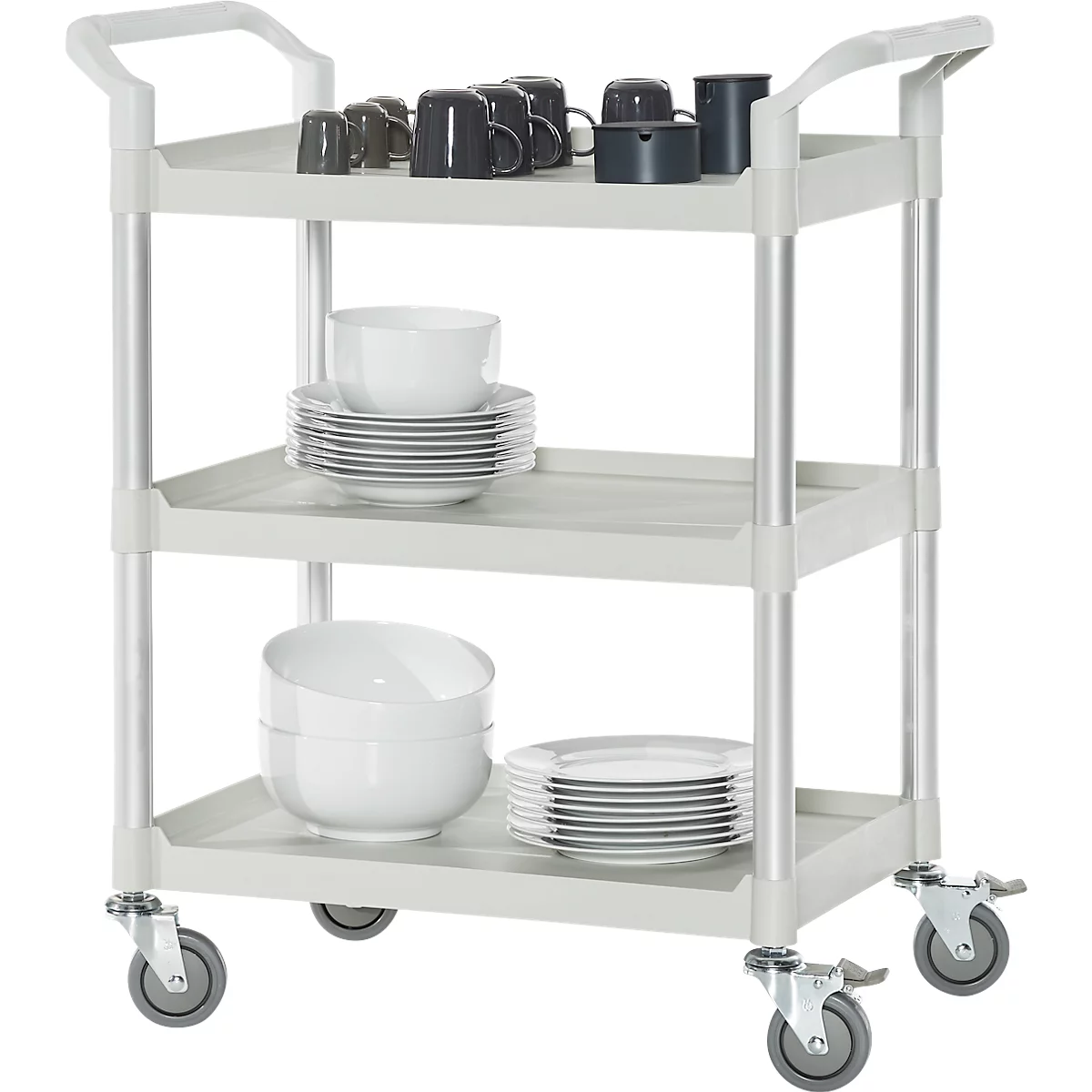 Chariot polyvalent, 4 roulettes pivotantes TPR avec 2 freins, 3 plateaux, L 680 x l 450 mm, plastique/aluminium, gris clair/argent alu 