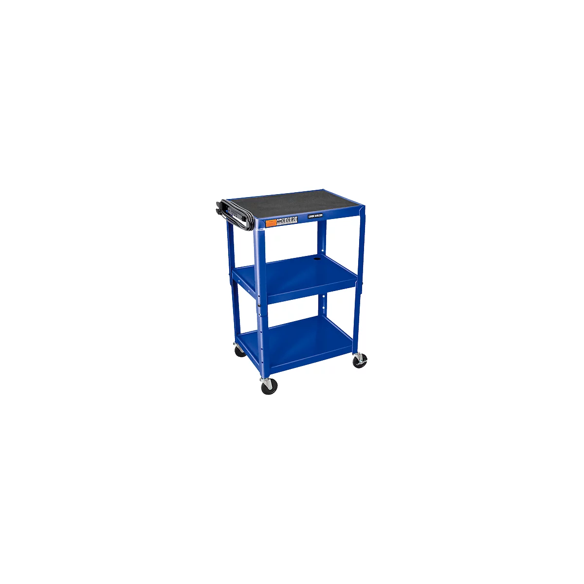 Chariot polyvalent Luxor réglable en hauteur 610-1060 mm, en métal, 3 étagères, 4 roulettes, bleu