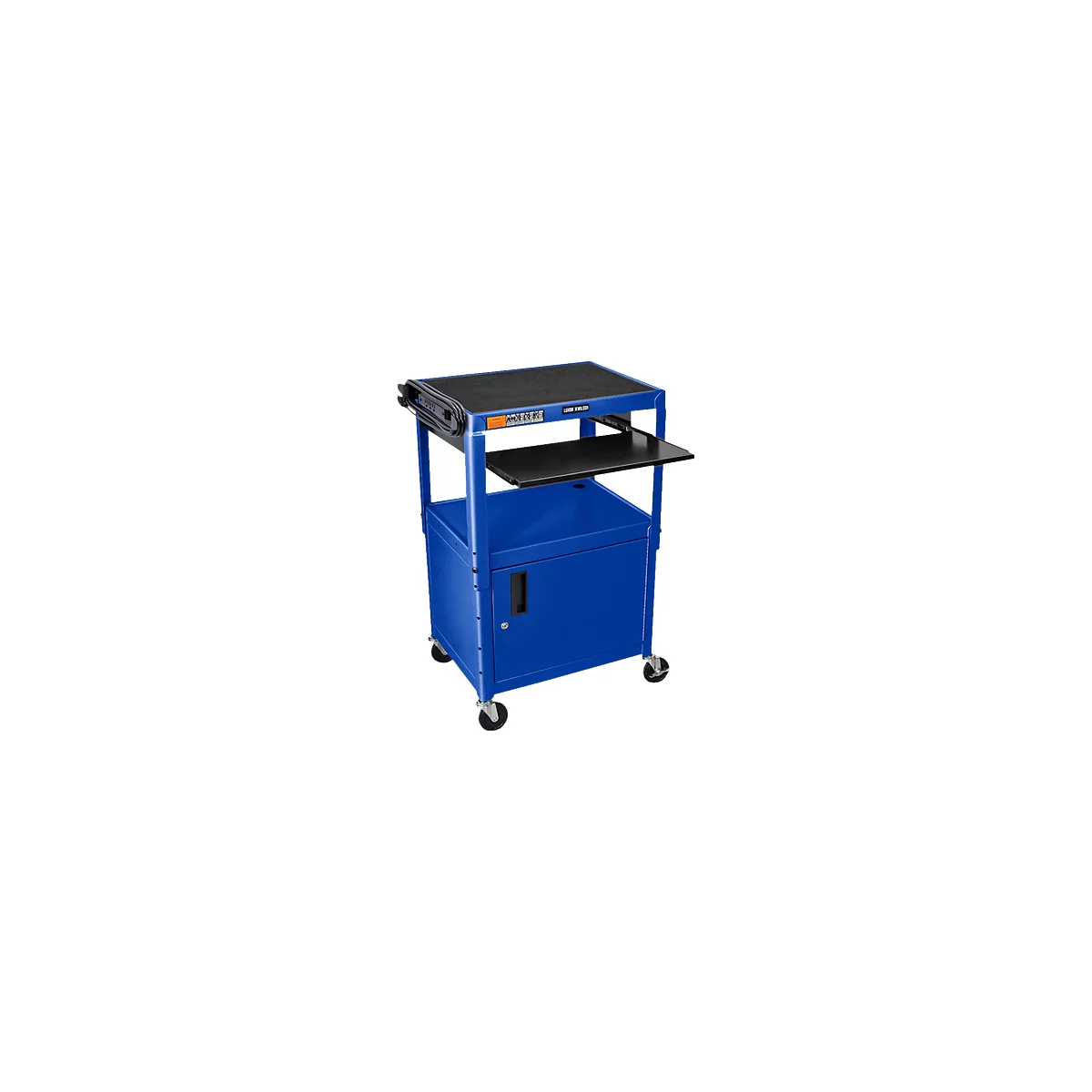 Chariot polyvalent Luxor réglable en hauteur, avec armoire et tioir à clavier, verrouillable, bleu