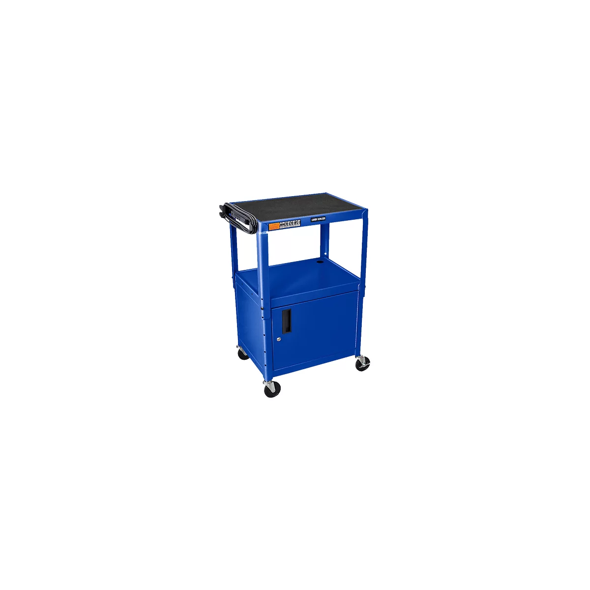 Chariot polyvalent Luxor réglable en hauteur avec armoire, verrouillable, en métal, 4 roulettes, bleu