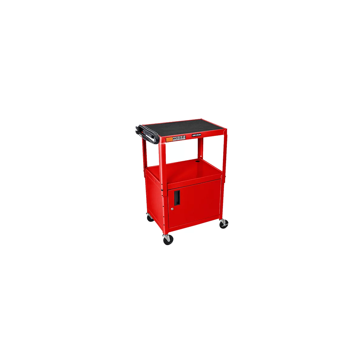 Chariot polyvalent Luxor réglable en hauteur avec armoire, verrouillable, en métal, 4 roulettes, rouge