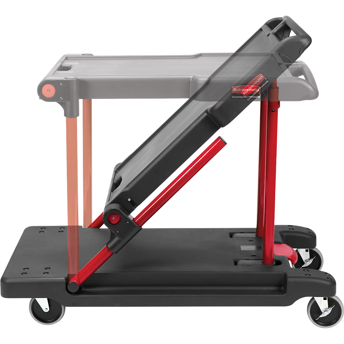 Chariot d'atelier noir et rouge avec surface de travail relevée, sur roues. Le dessus gris est suggéré.
