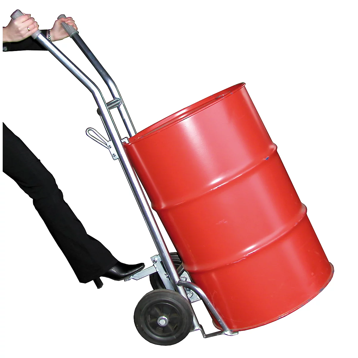 Chariot porte-fûts FP-V, acier galvanisé, capacité de charge de 350 kg, pour fûts à bonde en acier de 200 l, pneus en caoutchouc plein
