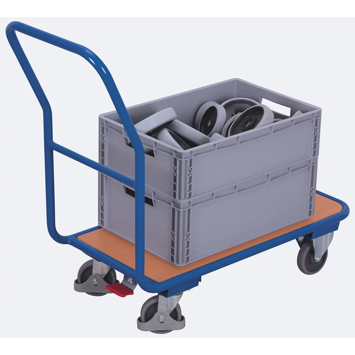 Chariot porte-revues, panneau acier/MDF, décor bleu gentiane/hêtre, L 1040 x l 600 mm, avec traverse, roulettes TPE avec EasySTOP, jusqu'à 200 kg