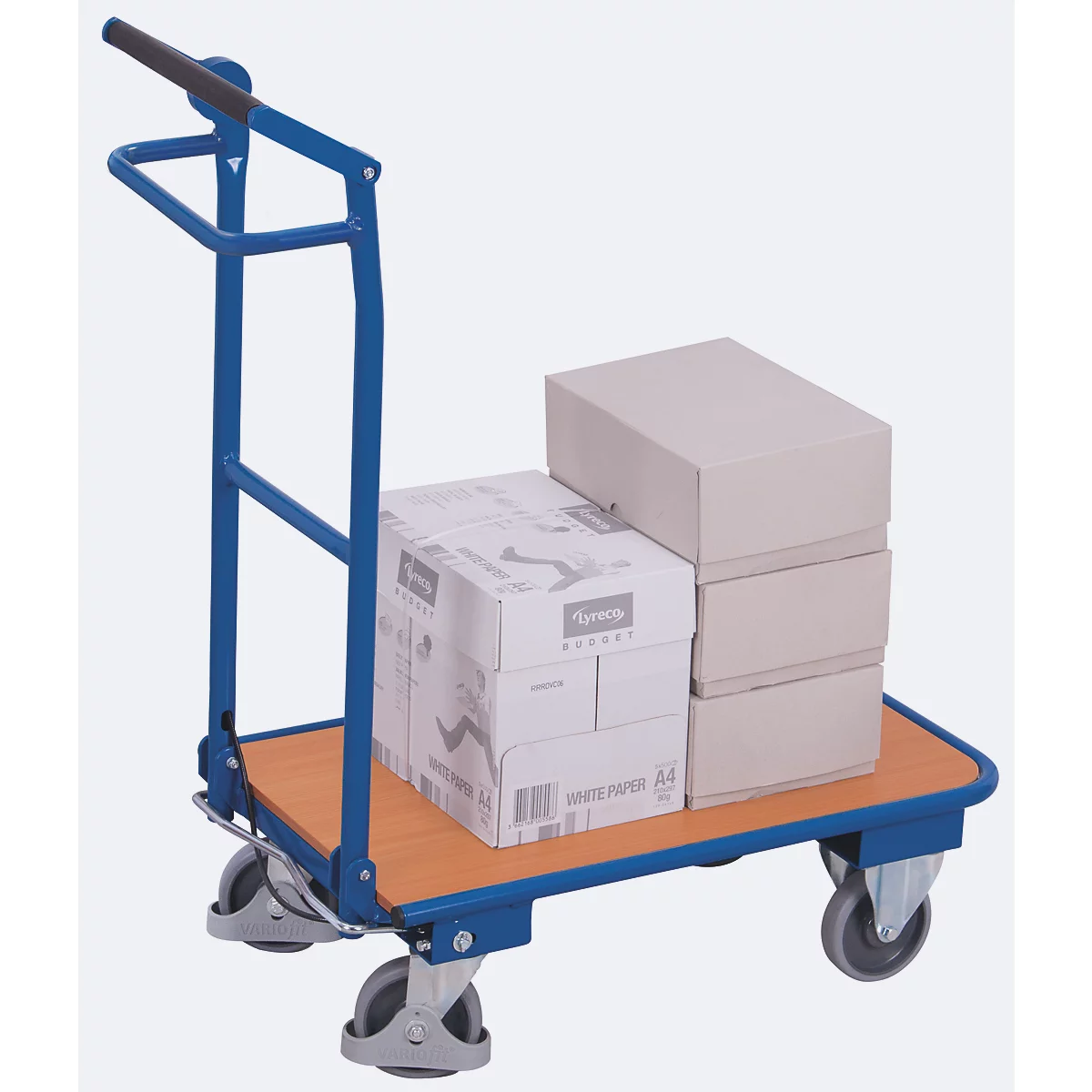 Chariot portemanteau pliable, panneau acier/MDF, décor bleu gentiane/hêtre, L 720 x l 450 mm, poignée tubulaire avec traverse, roulettes TPE avec frein homme mort, 150 kg