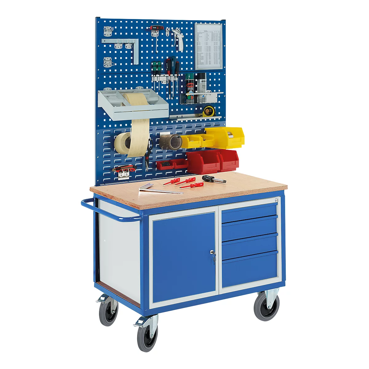 Chariot pour établi PROFI, 1 armoire, 4 tiroirs, 2 x plaque modulaire perforée, 1 x plaque modulaire à fentes