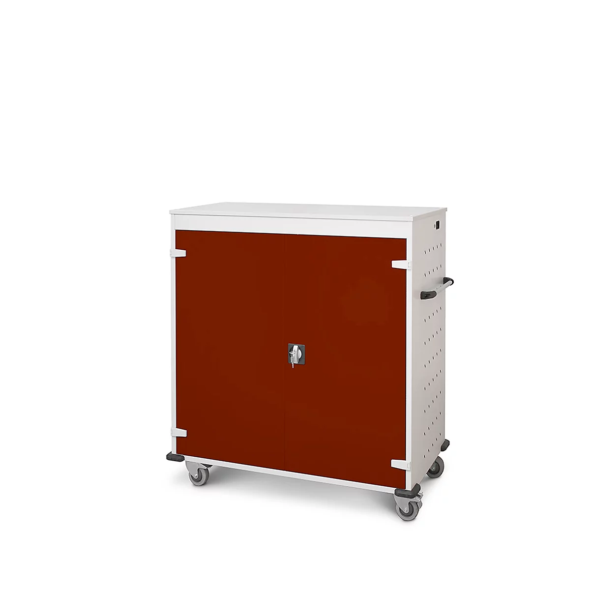 Armoire blanche sur roulettes avec une porte marron. Une poignée et une serrure sont visibles.