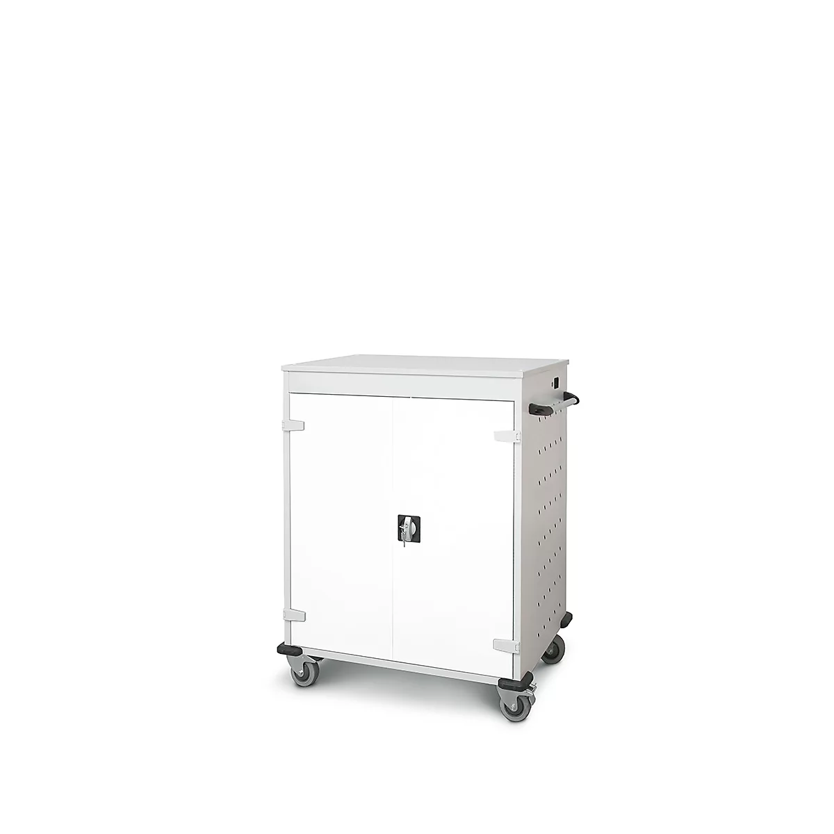 Armoire blanche sur roulettes avec deux portes et une serrure. De petits trous se trouvent sur le côté. Poignée et roulettes noires.