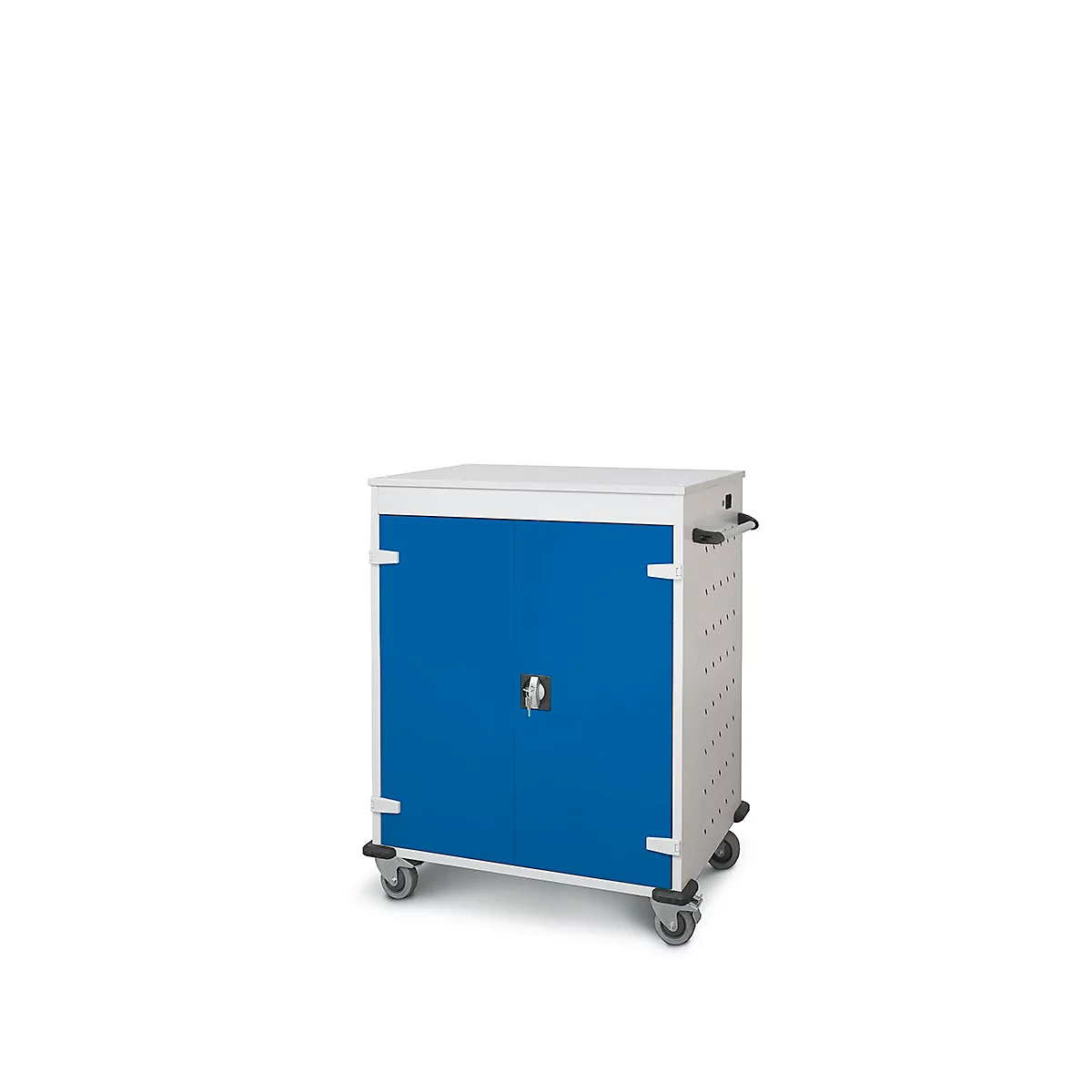 Meuble bleu et blanc sur roulettes avec poignées, probablement une armoire.