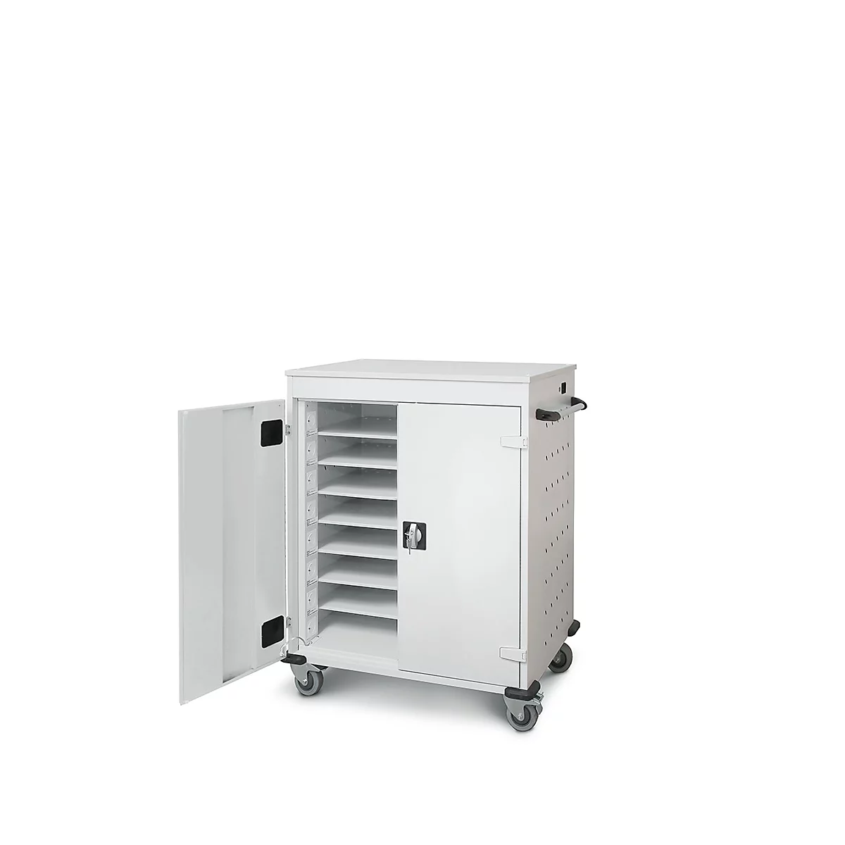 Armoire blanche avec porte ouverte et étagères. Elle a des roues et des poignées noires.