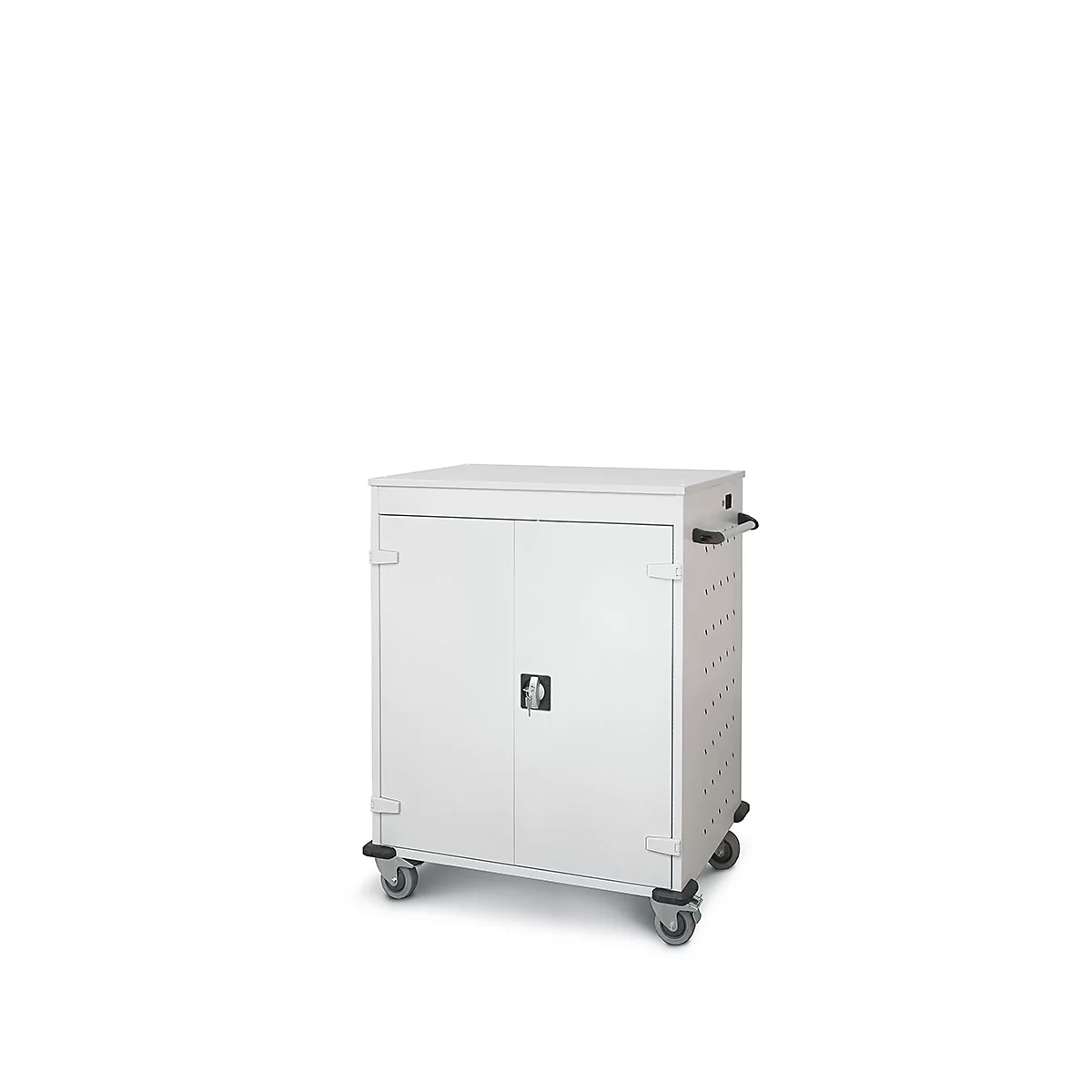 Armoire blanche à roulettes avec deux portes et poignées, sur fond blanc.