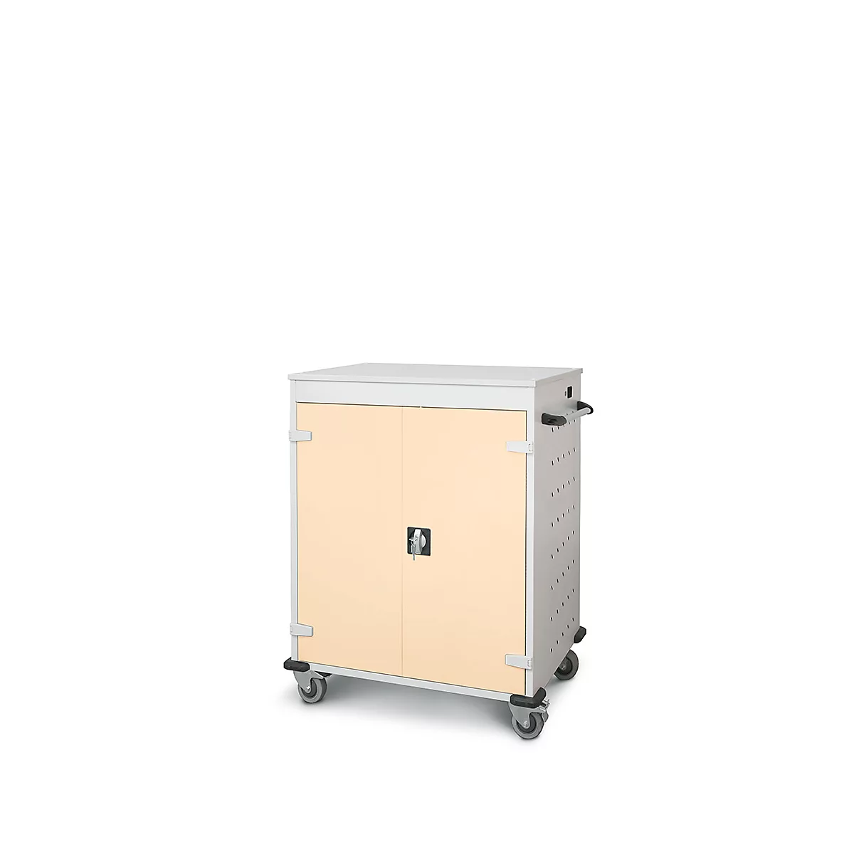 Armoire beige sur roulettes avec panneaux latéraux gris et deux portes.