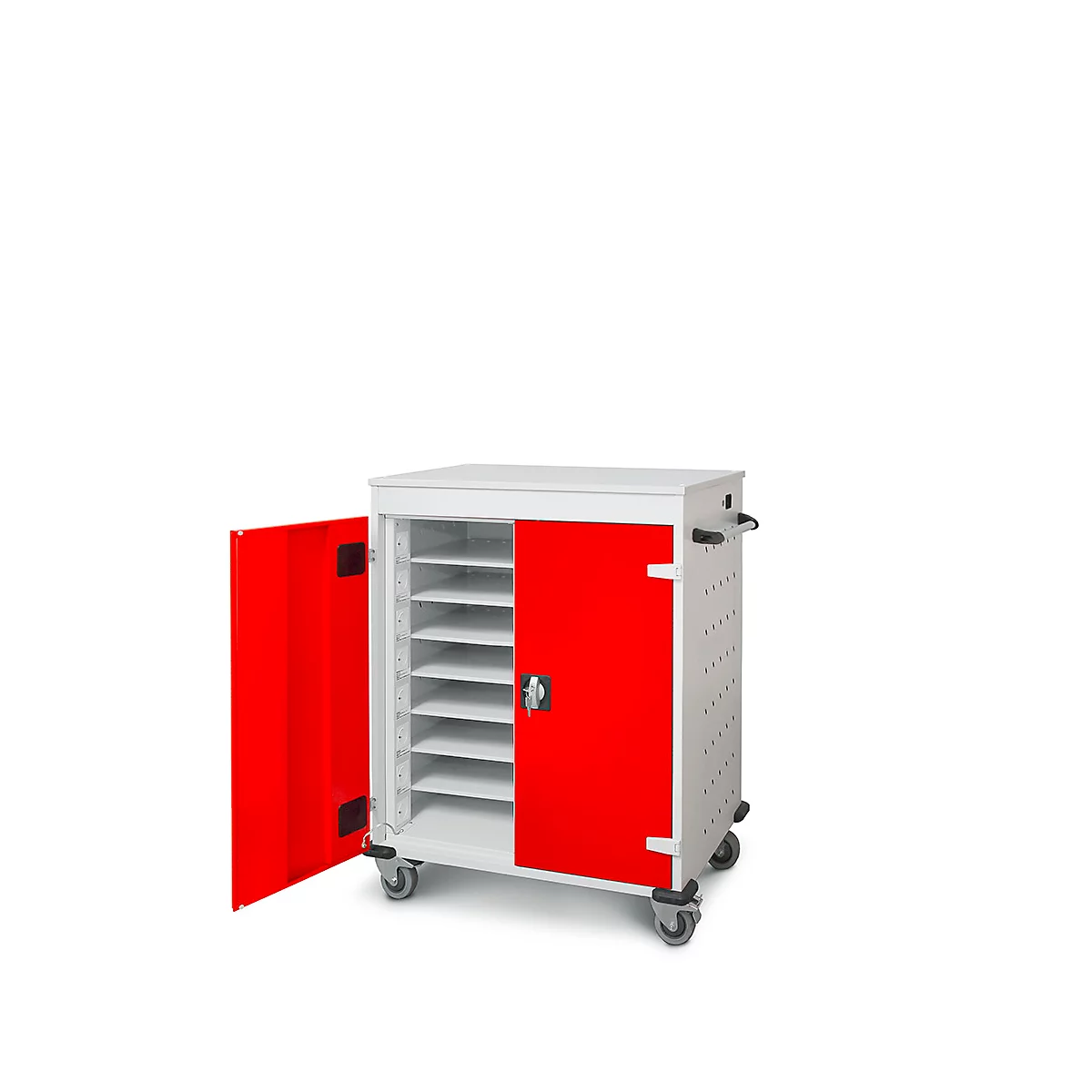 Une armoire blanche et rouge avec des portes ouvertes, montrant des étagères. Debout sur des roues.