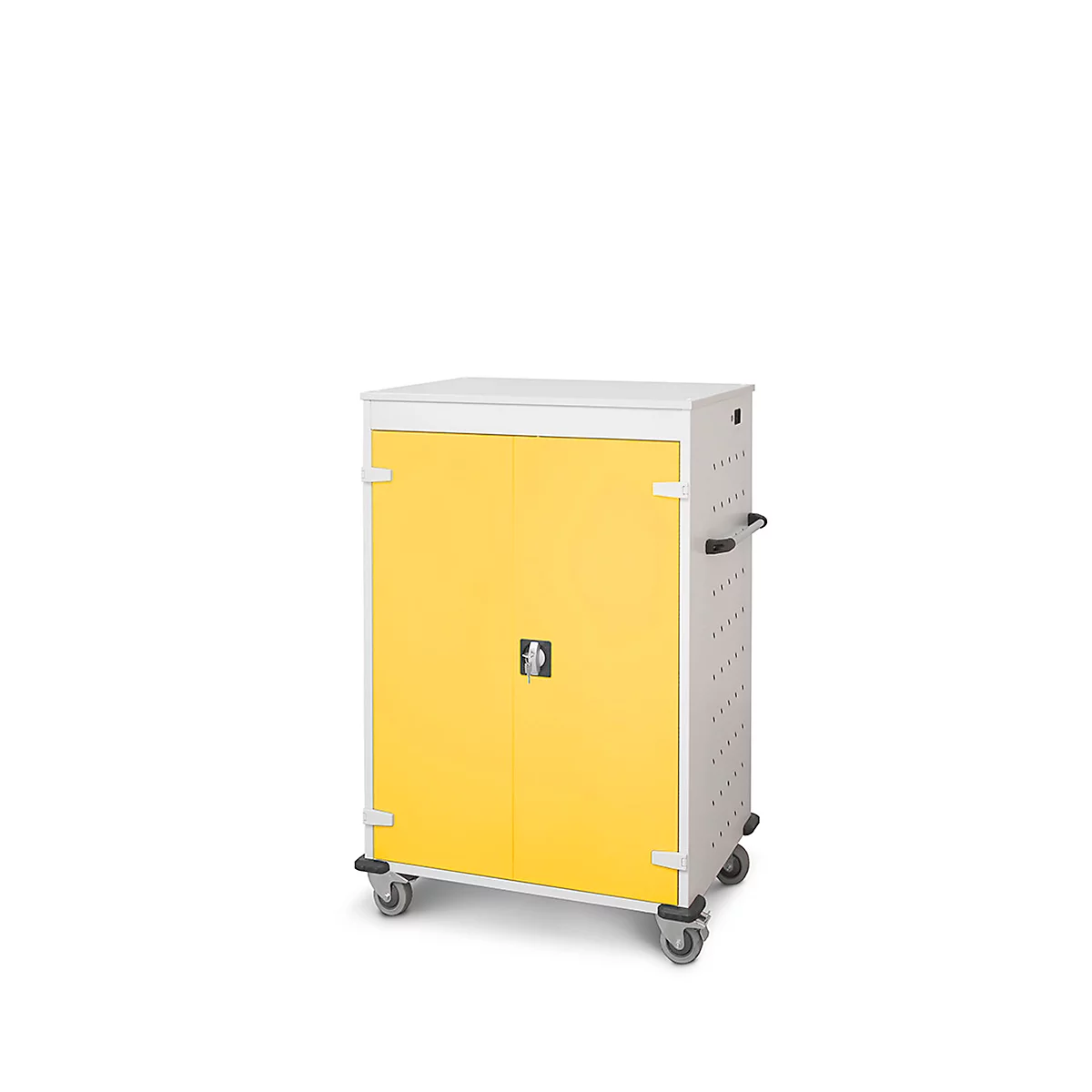 Armoire jaune à deux portes, couvercle blanc et roues. Il y a une poignée en dessous.