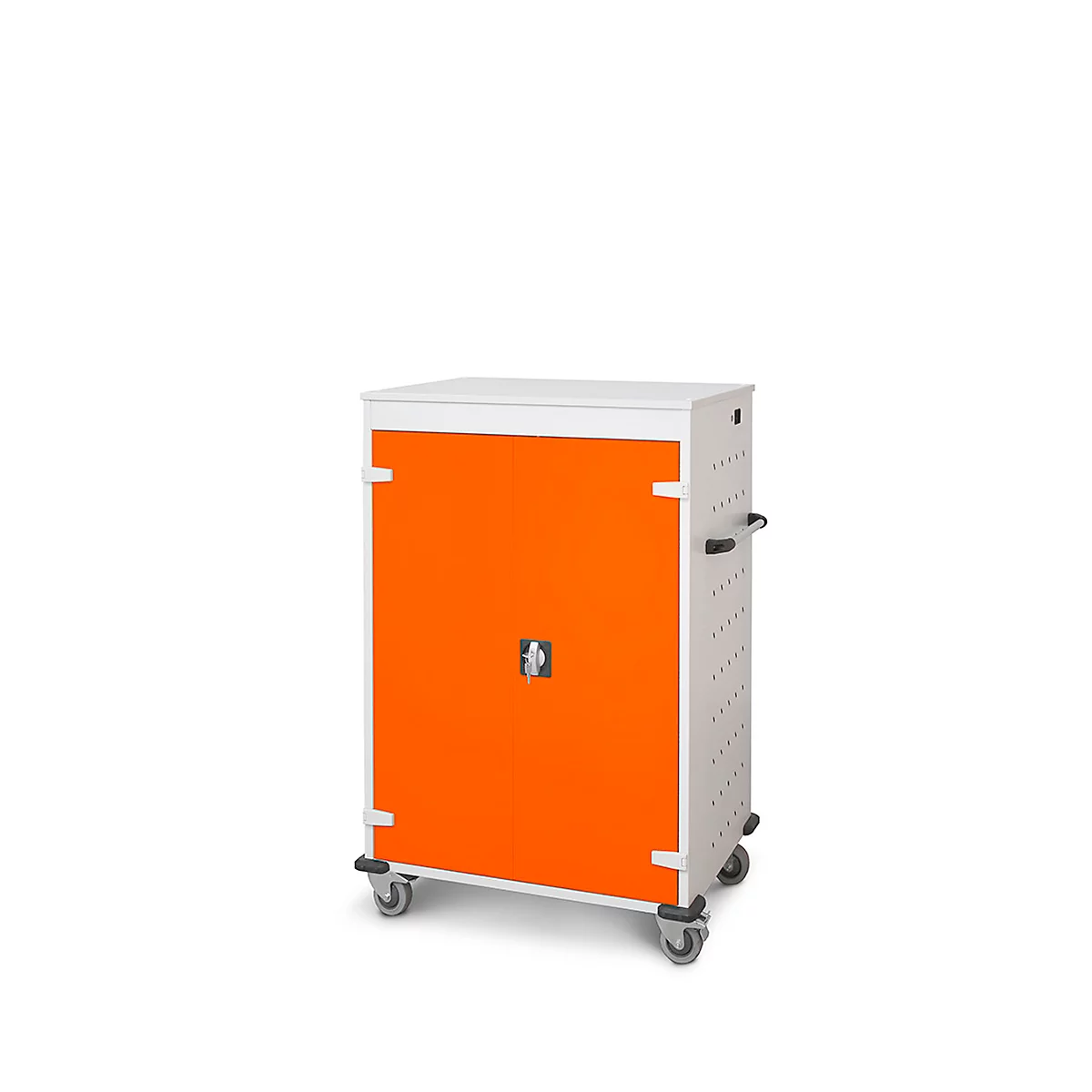 Un meuble mobile blanc et orange sur roulettes, avec des poignées et une serrure.