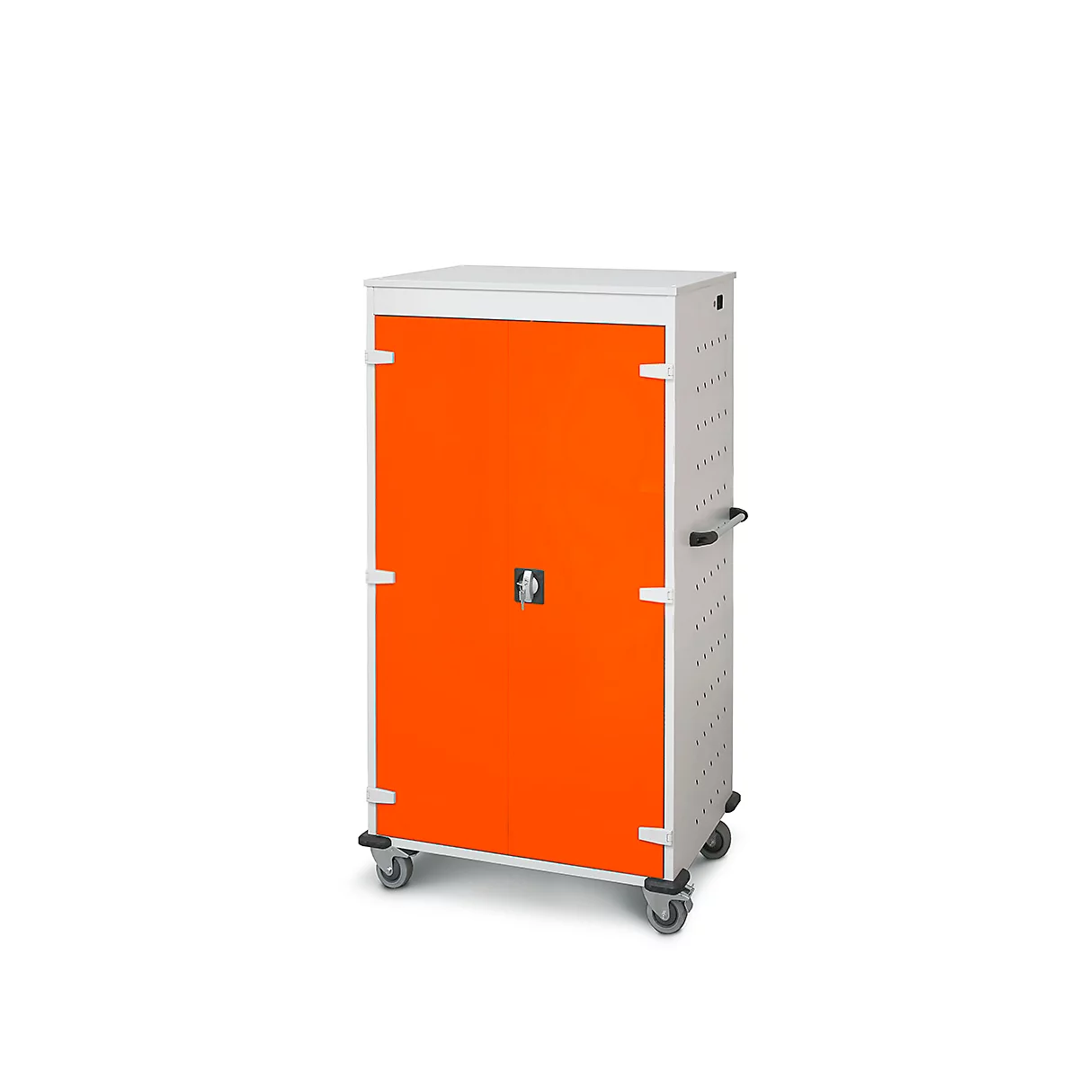 Un meuble mobile avec une porte orange et des roulettes sur fond blanc.