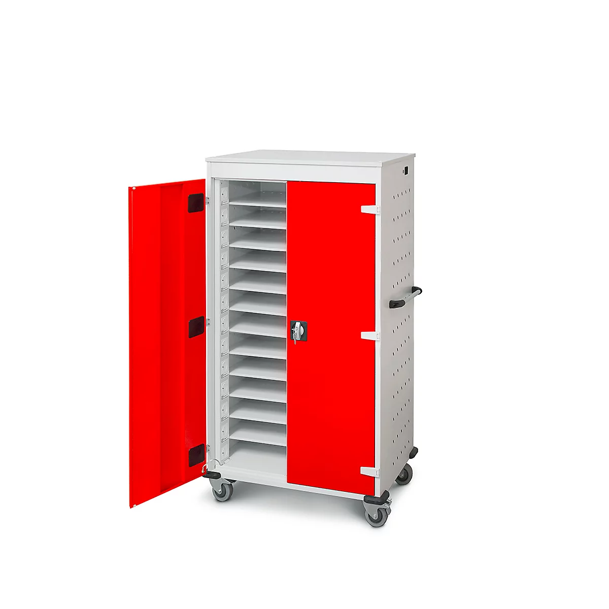 Une armoire blanche avec des portes rouges, dont une ouverte. À l'intérieur se trouvent de nombreuses étagères claires, sur roulettes.