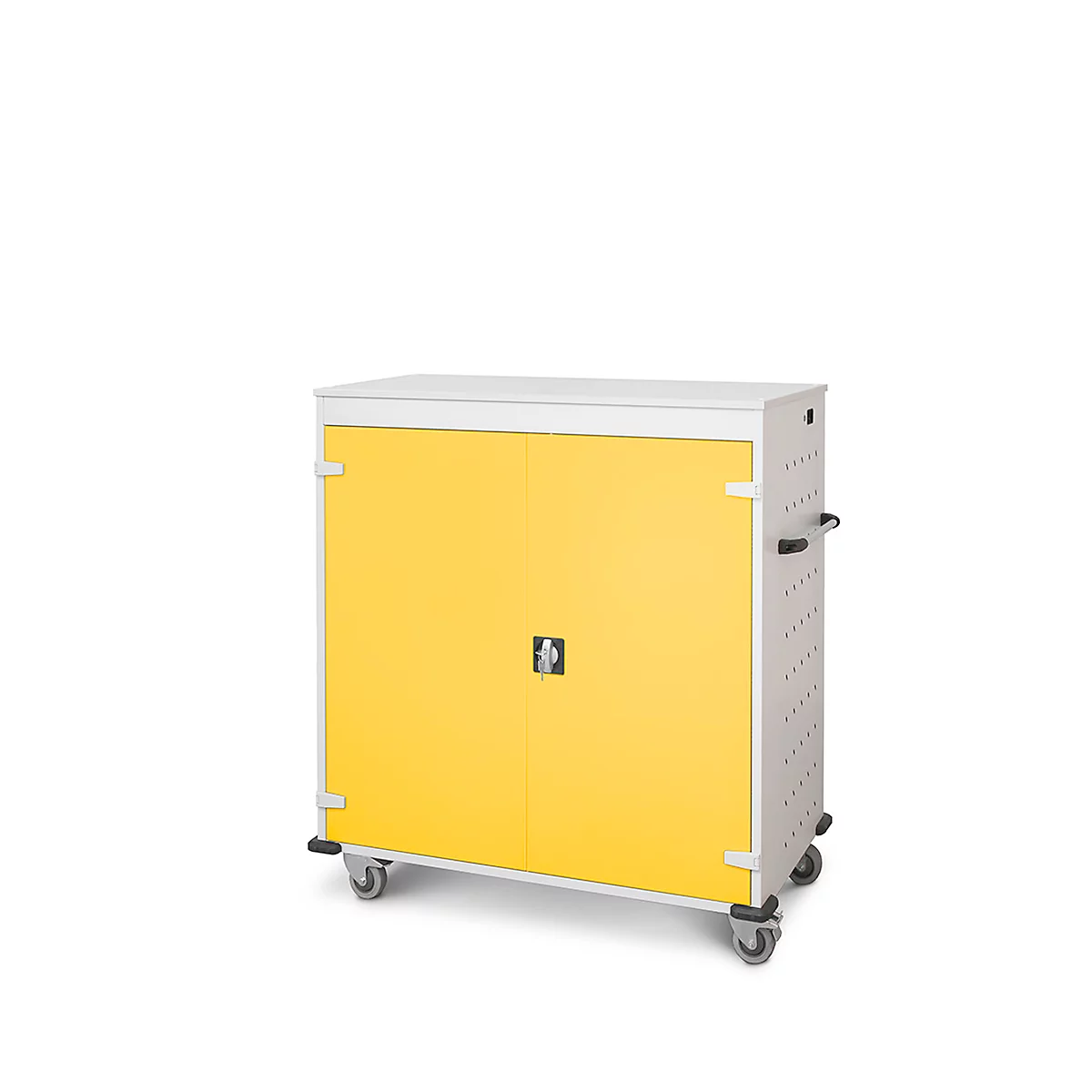 Armoire jaune sur roulettes, avec couvercle blanc. Poignées grises et cadres argentés.