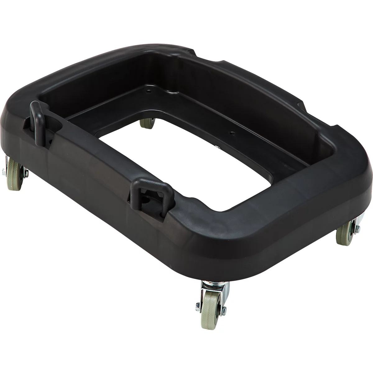 Cric de chariot noir avec quatre roues.