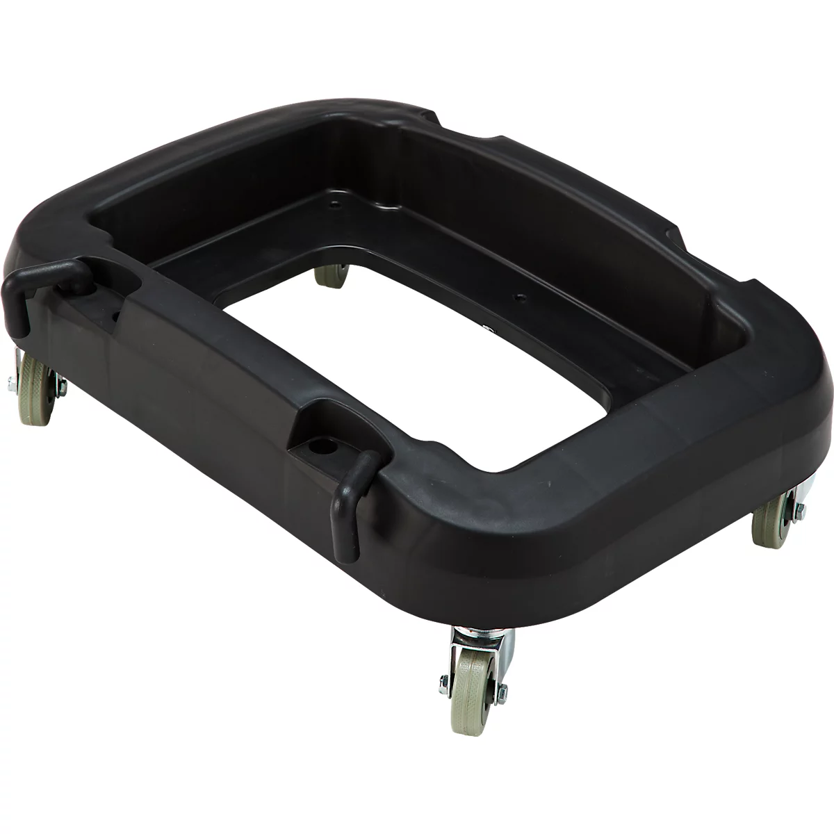 Base de transport en plastique noir avec quatre roues, de forme rectangulaire. Idéale pour le transport.