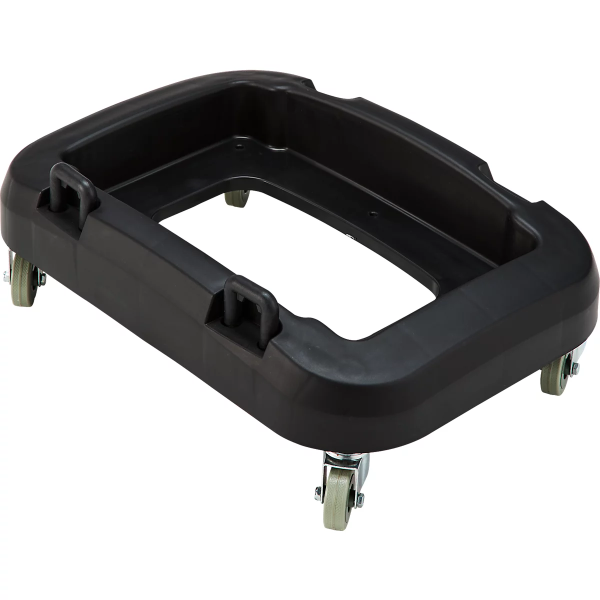 Plate-forme en plastique noir rectangulaire avec roulettes. Des poignées sont fixées sur les côtés.