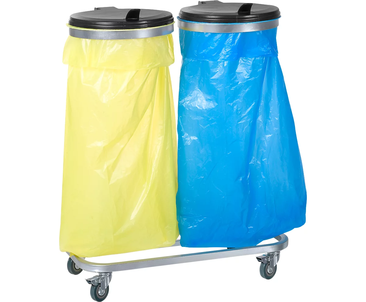 Chariot pour sacs poubelle, double, en acier galvanisé, pour sacs poubelle de 120 litres