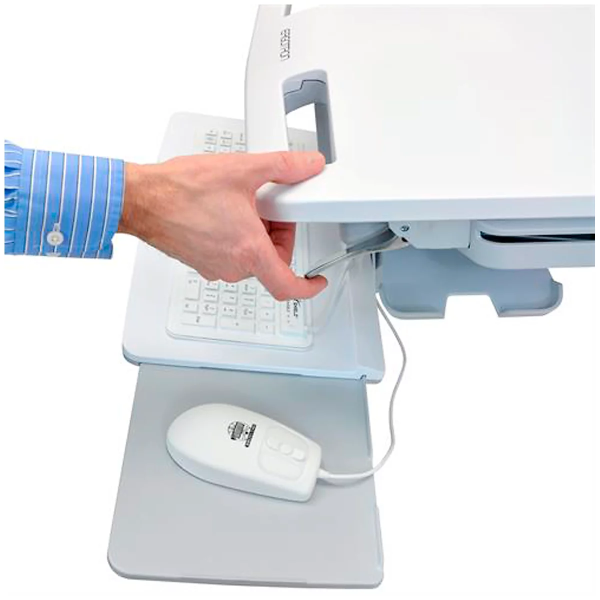 Chariot professionnel mobile ergotron® StyleView SV42, jusqu'à 14,1 kg, pour écrans jusqu'à 24″, surface de travail L 568 x P 502 mm, roulettes verrouillables, réglable en hauteur.