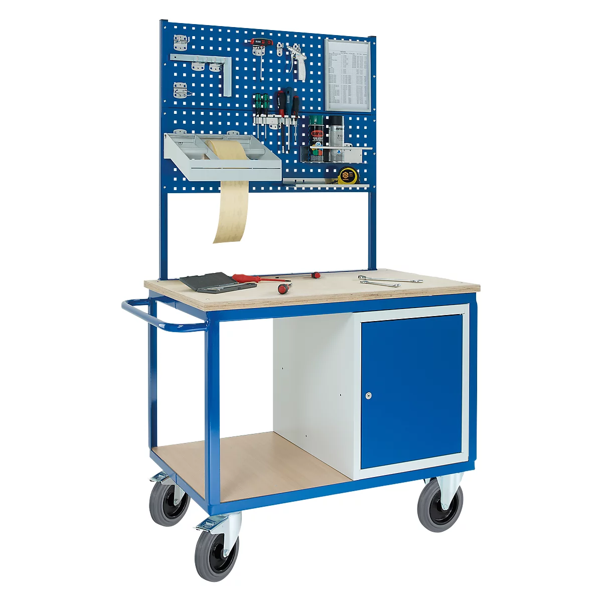 Chariot professionnel pour établi avec armoire, 2 x plaque modulaire perforée, 1250 x 700 x 1990 mm