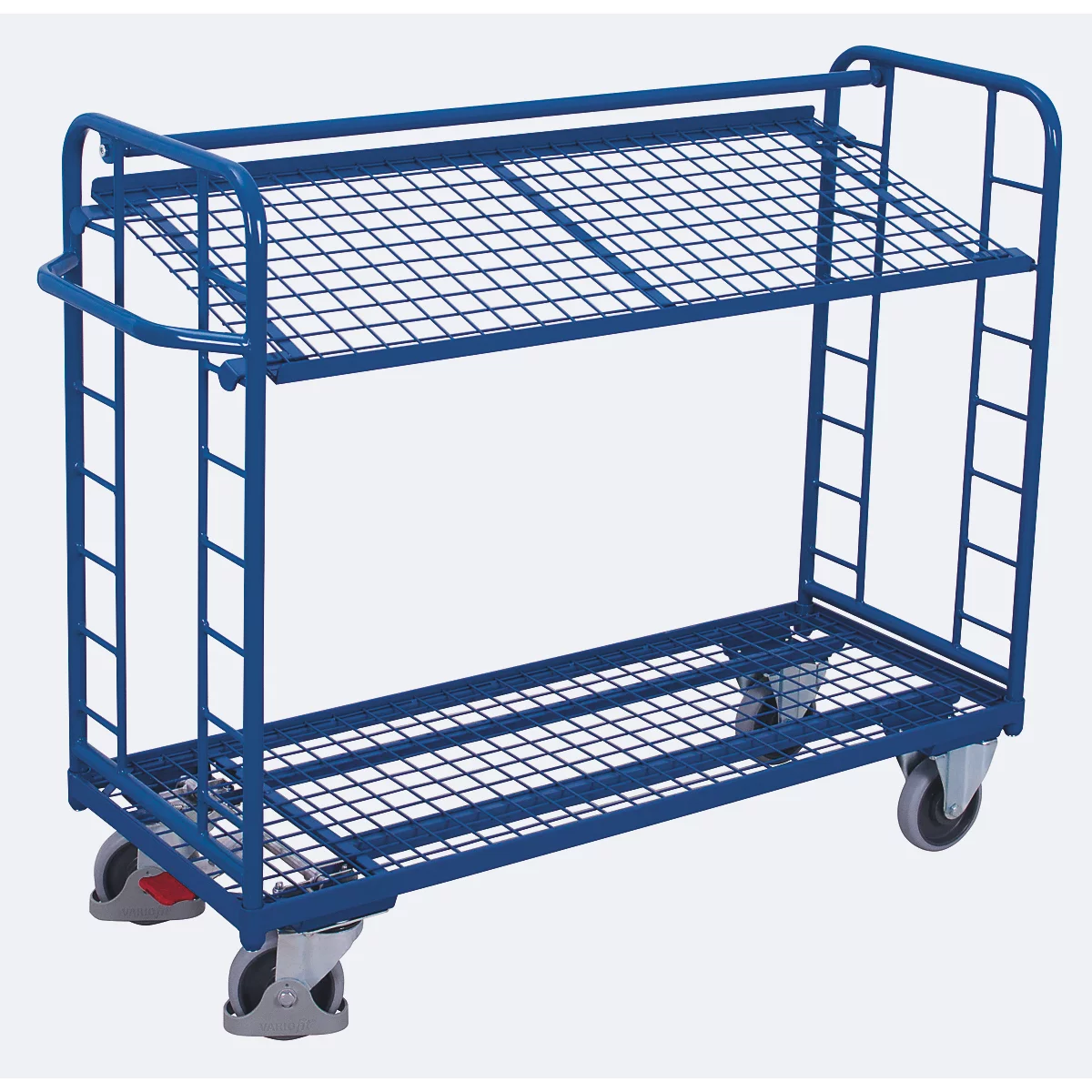 Chariots à étagères, acier/maille métallique, bleu gentiane, 2 étagères, 1650 x 650 mm, panneaux d'extrémité avec renfort en acier rond, EasySTOP, jusqu'à 400 kg