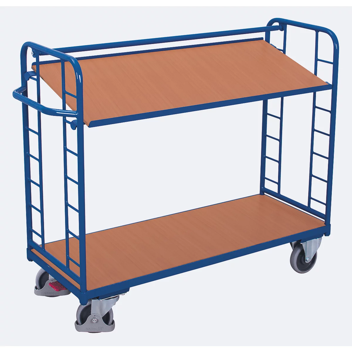 Chariots à étagères, acier/MDF, décor bleu gentiane/hêtre, 2 étagères, 1650 x 650 mm, panneaux d'extrémité avec renforts en acier rond, EasySTOP, jusqu'à 400 kg