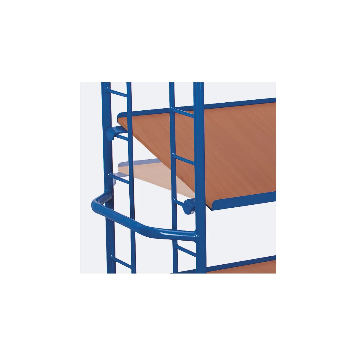 Chariots à étagères, acier/MDF, décor bleu gentiane/hêtre, 4 étagères, 1355 x 550 mm, panneaux d'extrémité avec renforts en acier rond, EasySTOP, jusqu'à 250 kg