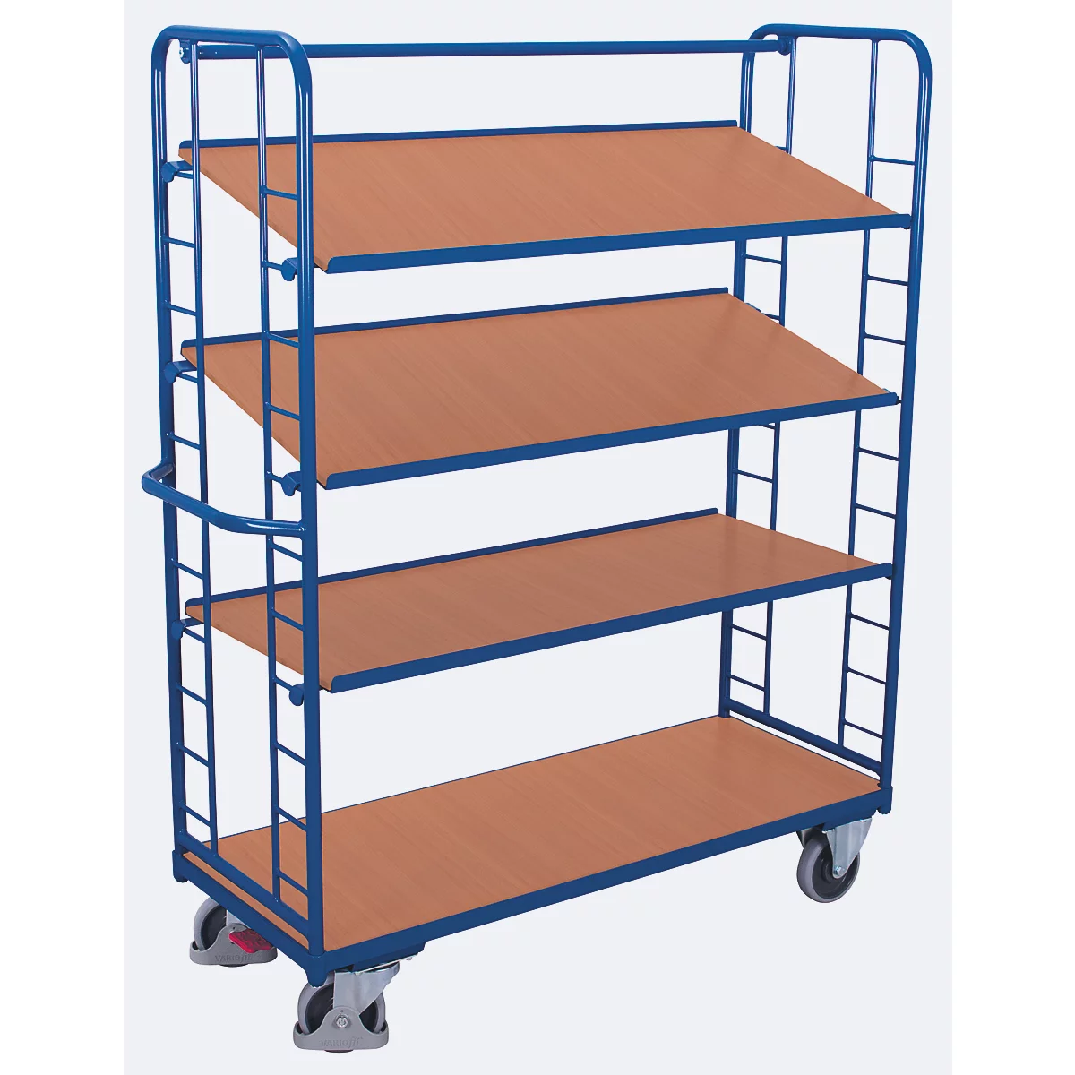 Chariots à étagères, acier/MDF, décor bleu gentiane/hêtre, 4 étagères, 1650 x 650 mm, panneaux d'extrémité avec renforts en acier rond, EasySTOP, jusqu'à 400 kg