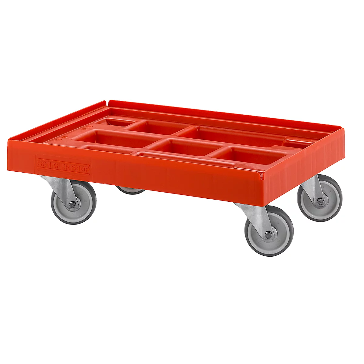 Châssis de transport - norme européenne - HDPE - L 610 x l. 410 mm - charge admissible 300 kg - rebord d'empilage - rouge feu RAL 3000 - Schäfer Shop Pure