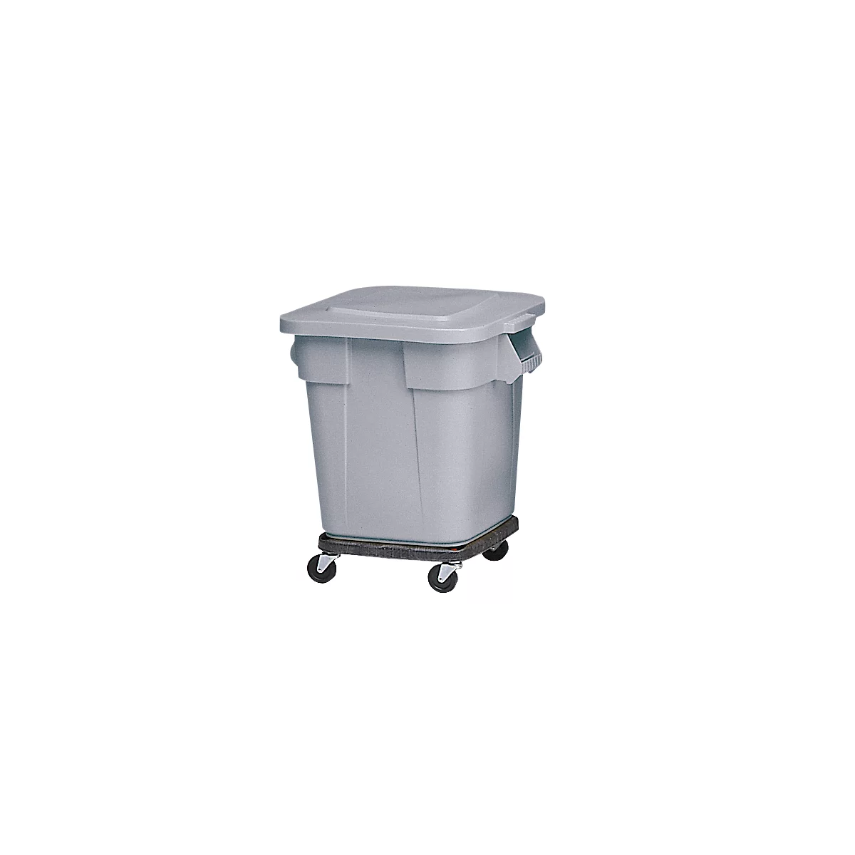 Gray trash can with lid and wheels. Rectangular container with handle and lid, on a rolling board with four wheels.