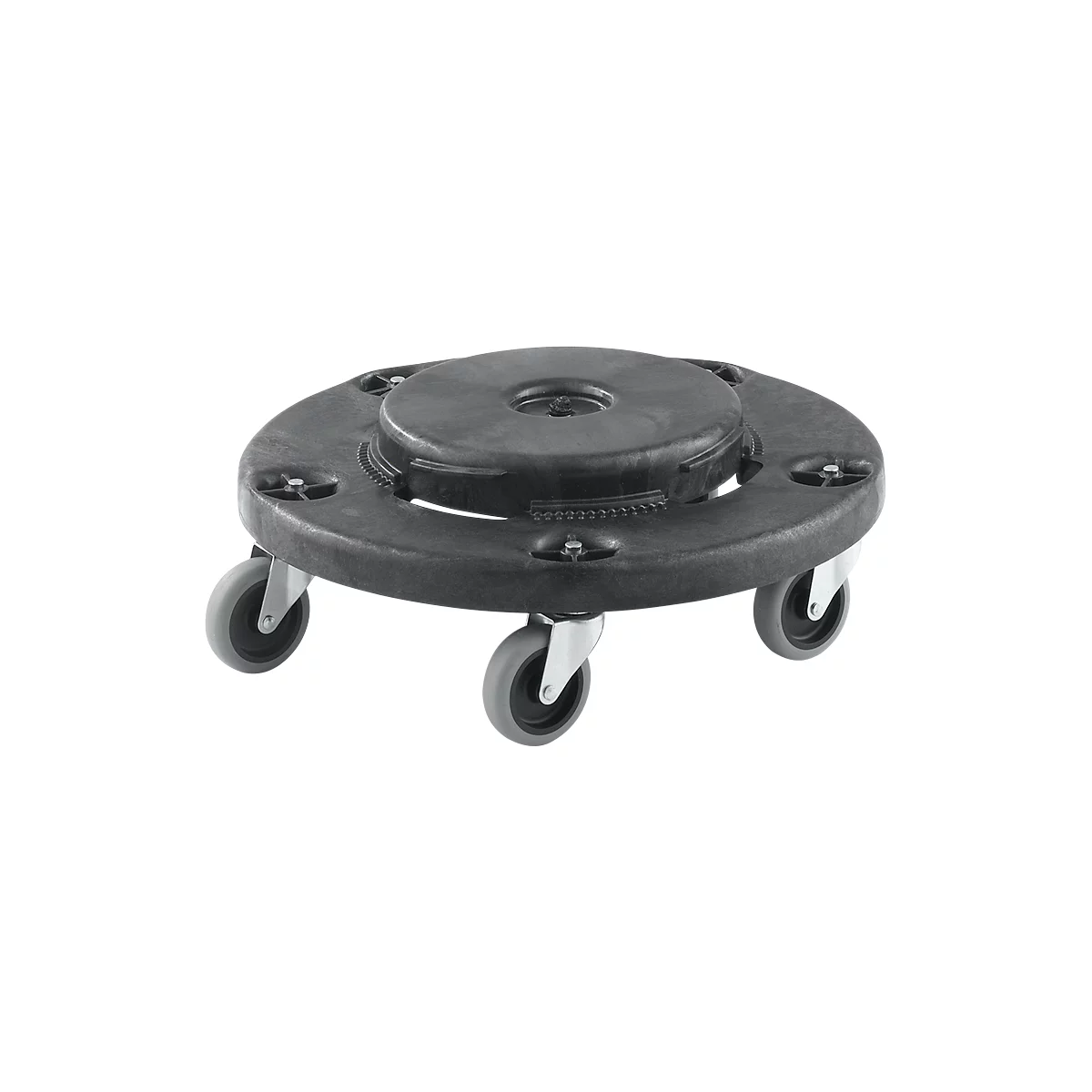 Black transport platform with four wheels.