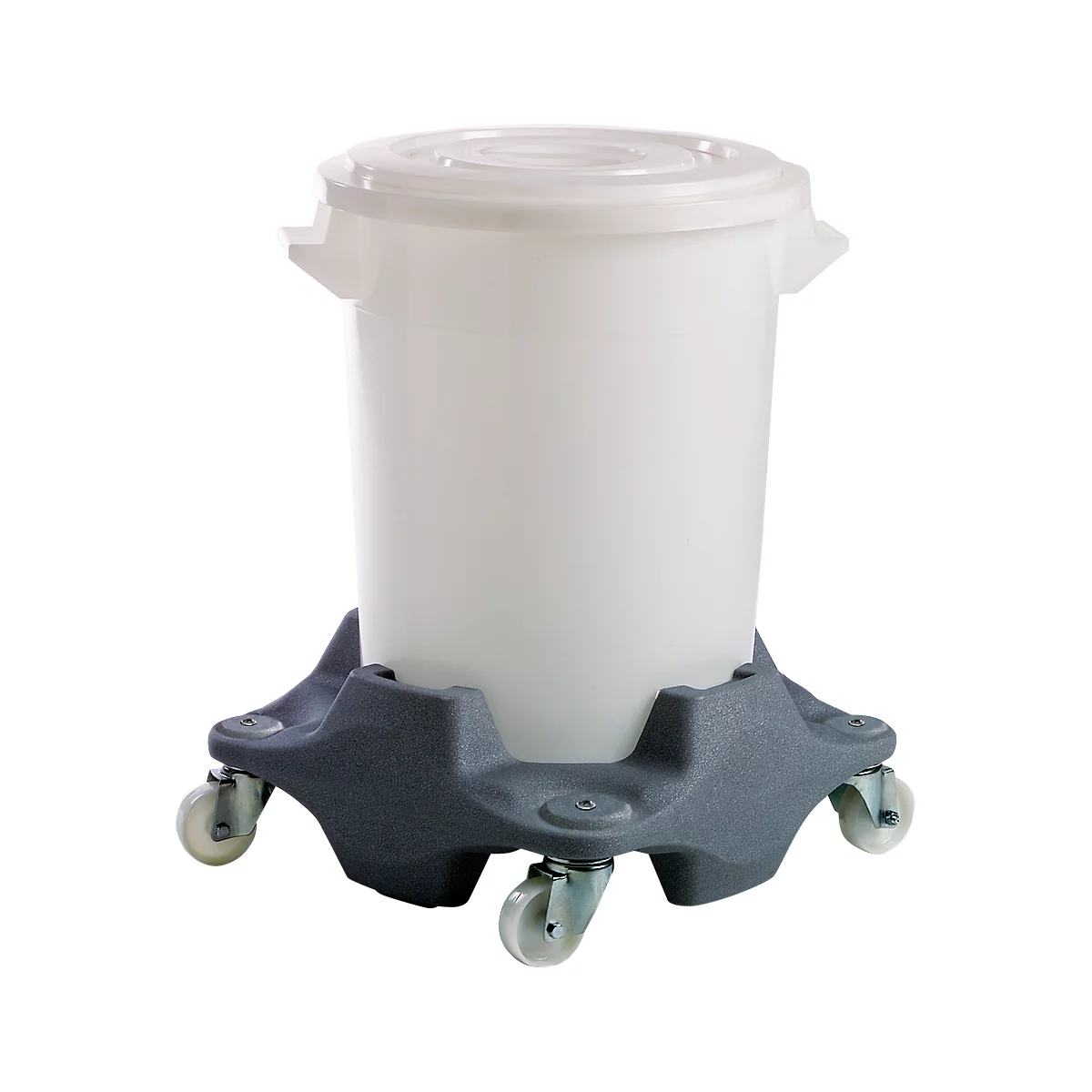 Châssis mobile, en plastique, pour fûts de 75 et 100 litres, avec 4 roues directionnelles, empilable