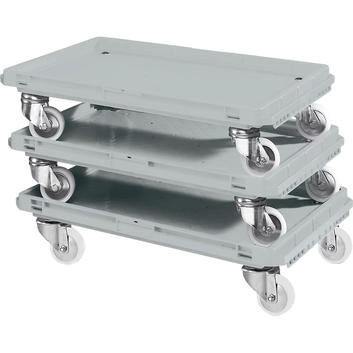 Trois boîtes en plastique grises empilées les unes sur les autres, sur roues. Elles sont vides et conçues pour le transport.